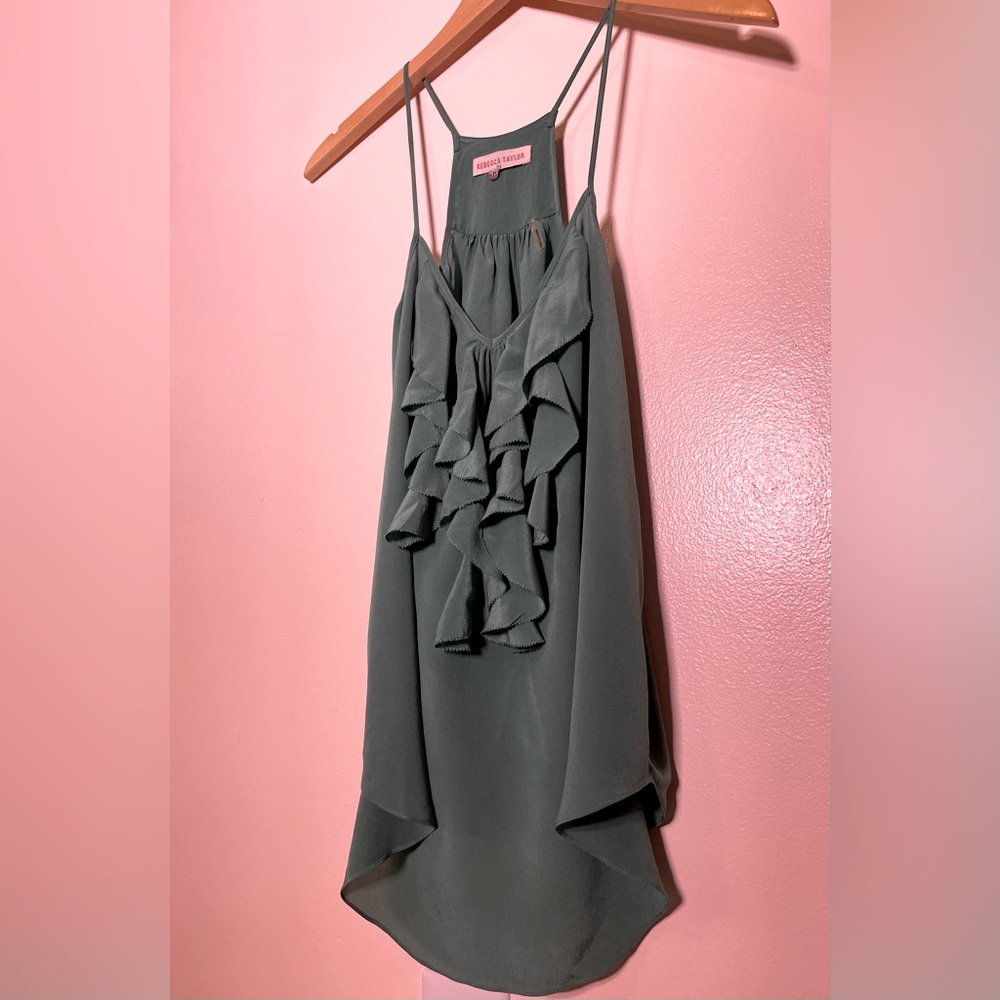 Green Rebecca Taylor silk ruffle top. Size small.